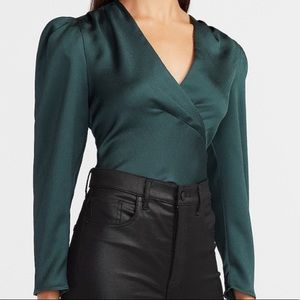 Express Satin V-Neck Puff Sleeve Hunter Green (S)
